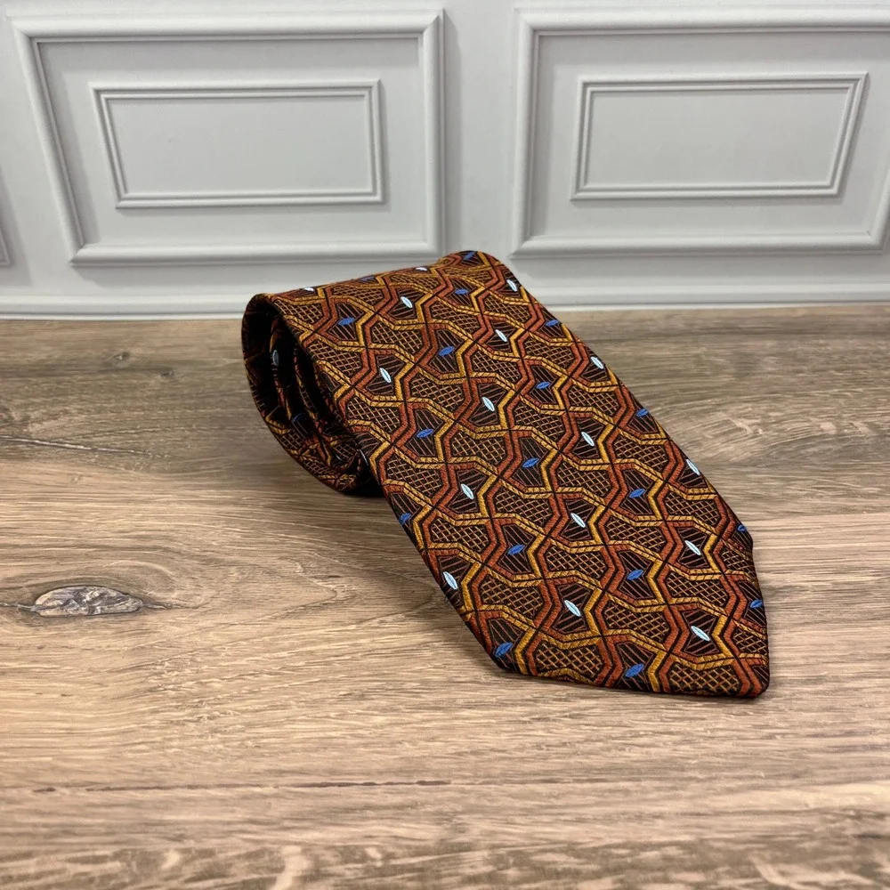 Jos.‎ A. Bank Necktie Mens Orange Gold Geometric Silk Made in Italy Wide Tie